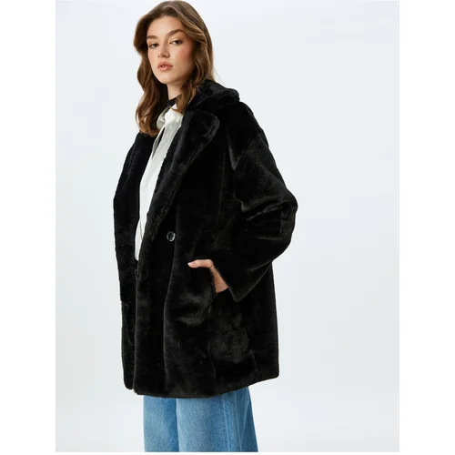 Koton Double Breasted Plush Coat with Buttoned Pockets