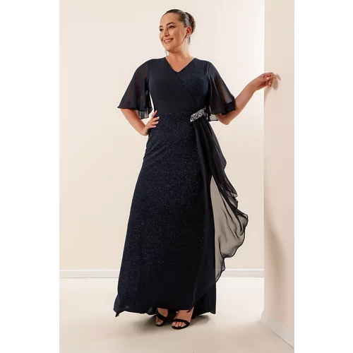 By Saygı Plus Size Glittery Long Dress With Chiffon Sleeves and Stone Accessories Lined Wide Size Range Saks.