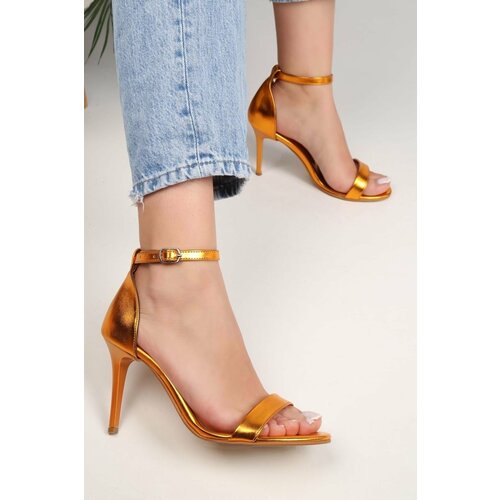Shoeberry Women's Dianthus Orange Metallic Single Strap Heeled Shoes Slike