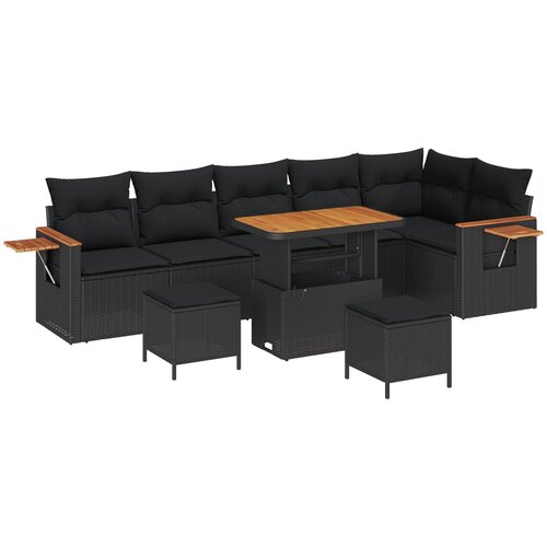 VidaXL 9 Dijelni Vrtni Sofa Set s Jastučićima Crni Poli Ratan Akacija, 3 Dijelni Vrtni Set za Ručavanje s Jastučićima Crni Poli Ratan Akacija Slike