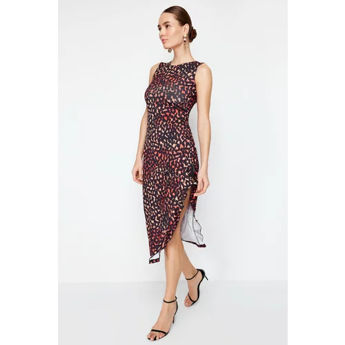 Trendyol Multi-Colored Fitted/Fitted Animal Print Flexible Knitted Midi Dress