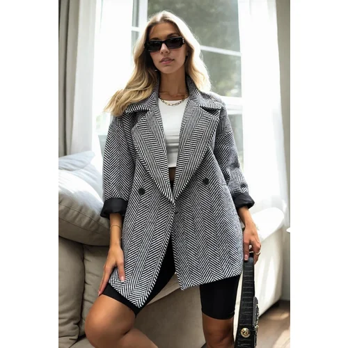 Dewberry 50406 Herringbone Oversize Women Coat-BLACK-WHITE