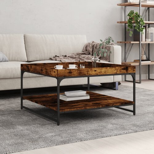 VidaXL Klubska mizica dimljen hrast 80x80x45 cm inženir. les in železo Slike