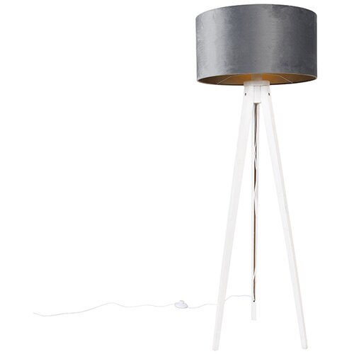 QAZQA Sodobna stojalo za talno svetilko bela s sivim velur odtenkom 50 cm - Tripod Classic Slike