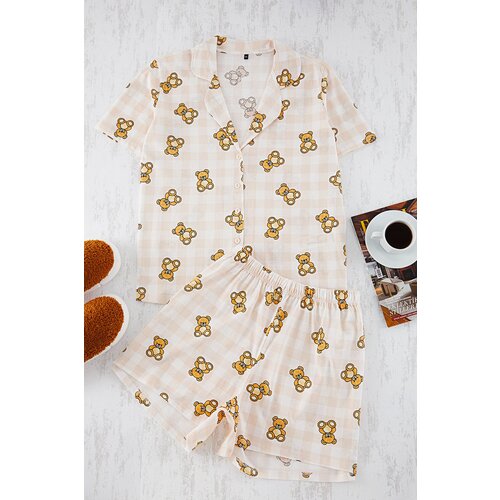 Trendyol Curve Beige Teddy Bear Patterned Shirt Collar Knitted Pajama Set Slike