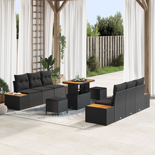 VidaXL set od 9 komada vrtnih sofa s jastučićima crni poli ratan akacija, set od 3 komada vrtnih stolica s jastučićima crni poli ratan akacija Slike