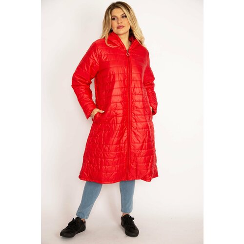 Şans Women's Plus Size Red Quilted Puff Coat With Zipper And Pockets Slike