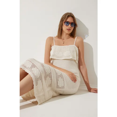  Women's Cream Strap Openwork Summer Knitwear Dress