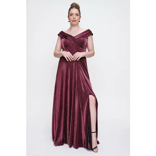 By Saygı Silvery Plus Size Long Evening Dress with a Double Collar Slit, Plum Plum.