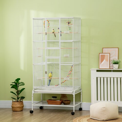 PawHut Kletka za ptice iz jekla in PP z gredicami, igračami, posodami za hrano in odstranljivim pladnjem, 83x53x180cm, bela, (20752745) Cene