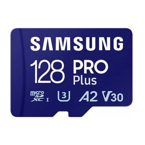 Samsung microsd 128GB, pro plus, sdxc, uhs-i U3 V30 A2, read up to 180MB/s, write up to 130 mb/s, for 4K and fullhd video recording, w/usb card reader Slike