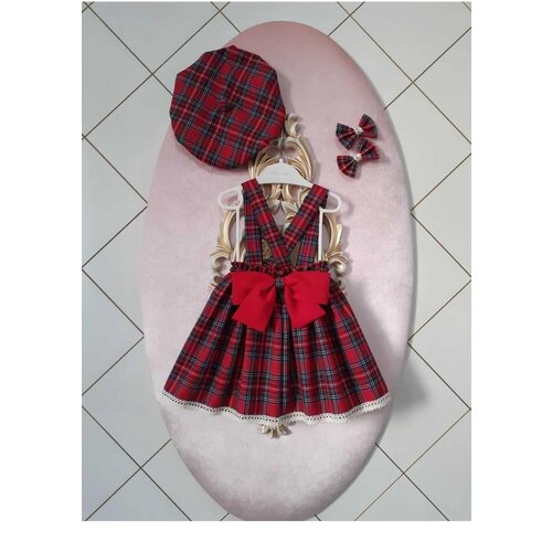 Dewberry N7995 Baby Plaid Salopette Dress &amp;amp; Hat &amp;amp; Buckle Set-RED Slike