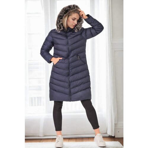 Dewberry Z6690 FUR HOODED WOMEN'S COAT-NAVY-1 Cijene