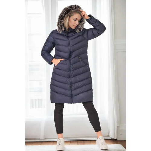 Dewberry Z6690 FUR HOODED WOMEN'S COAT-NAVY-1