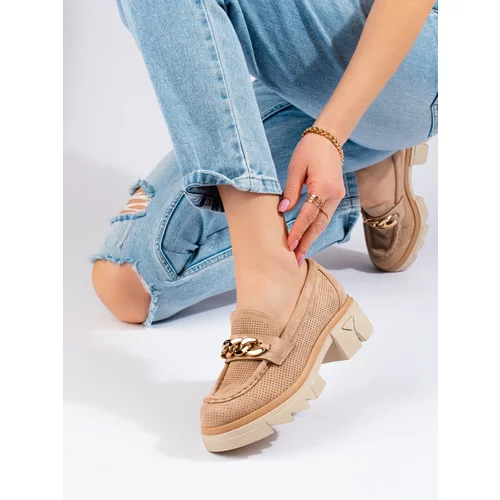 SHELOVET Suede loafers with chain beige