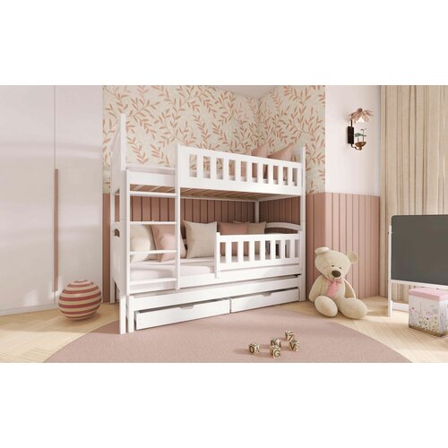 Drveni dečiji krevet na sprat blanka sa tri kreveta i fiokom- beli - 190*90 cm Slike