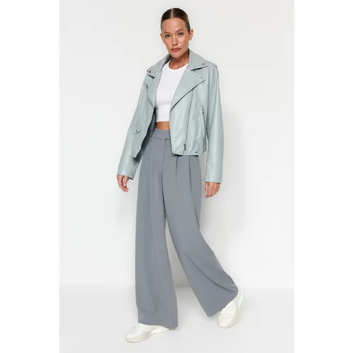Trendyol Dolphin Gray With Velcro Belt High Waist Pleated Wide Leg Knitted Pants