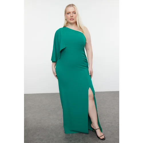 Trendyol Curve Emerald Green Single Sleeve Asymmetrical Slit Woven Evening Dress/Night/Graduation/Engagement Dress