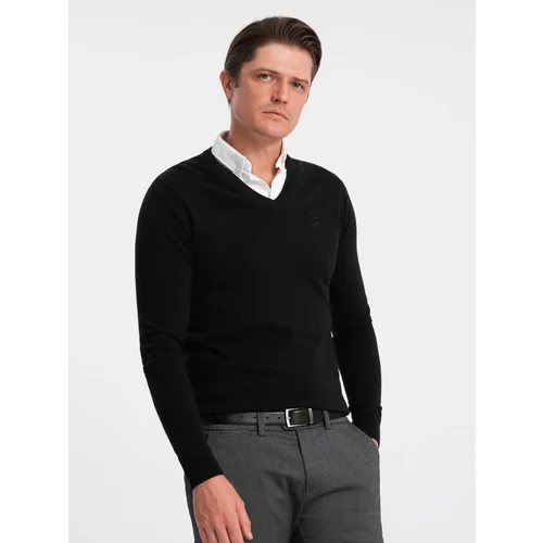 Ombre Men's sweater with a "v-neck" neckline with a shirt collar - black