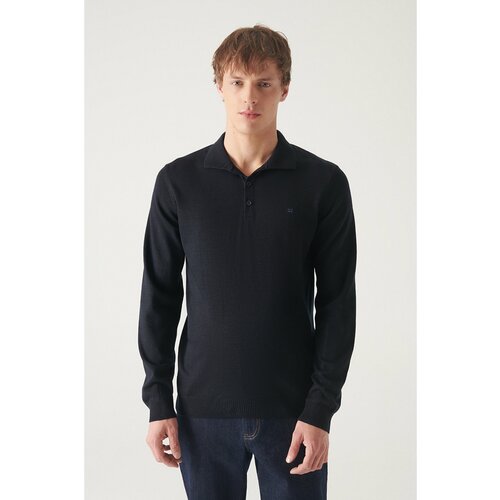 Avva Men's Navy Blue Polo Collar Wool Blended Standard Fit Normal Cut Knitwear Sweater Cene