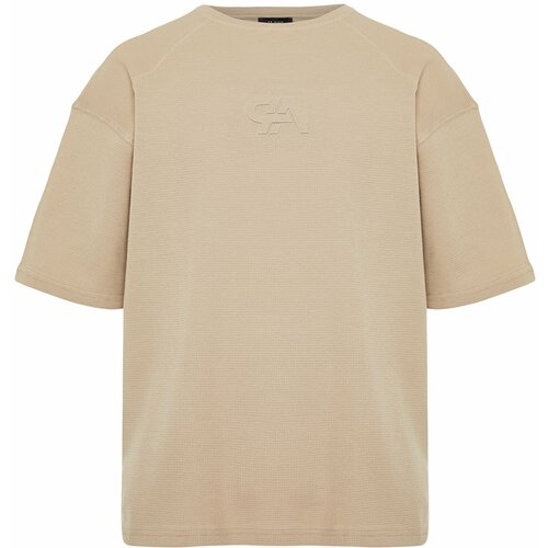 Trendyol premium mink men's oversize/wide-fit textured waffle fluffy text printed short sleeve t-shirt Cene
