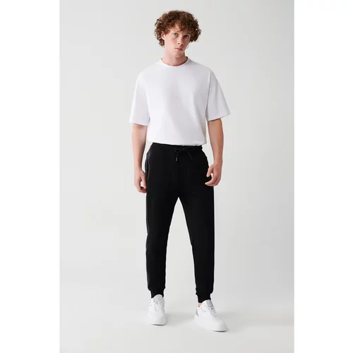 Avva Men's Black Lace-Up Elastic Cotton Breathable Standard-Fit Regular-Cut Jogger Sweatpants