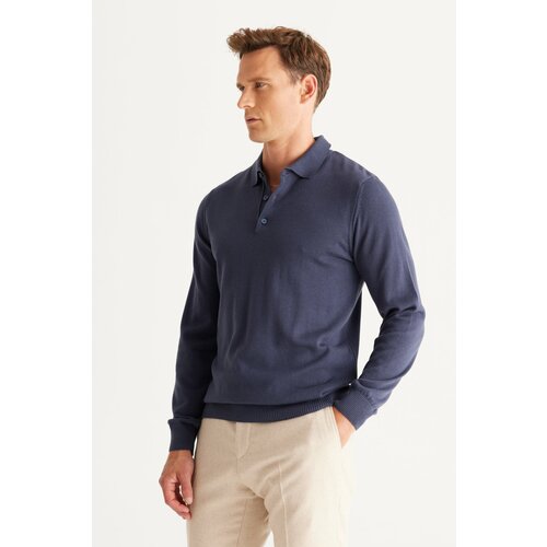ALTINYILDIZ CLASSICS Men's Indigo Standard Fit Regular Cut Polo Neck Cotton Knitwear Sweater Cene