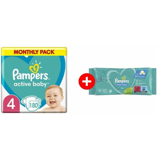 Pampers Active baby Pelene mesečno pakovanje S4 180 + Gratis vlažne maramice Fresh 52 Cene