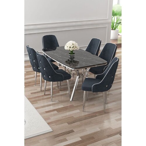 Hanah home trpezarijski set Asel, sto i 6 stolica, ploča u dekoru Sonata, hromirane noge, antracit tkanina Babyface Cene