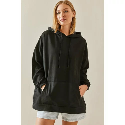 XHAN Black Kangaroo Pocket Oversize Hooded Sweatshirt
