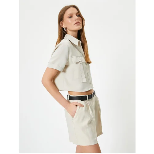  Crop Shirt with Cargo Pocket Short Sleeve Buttoned Modal Blend