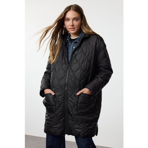 Trendyol Black Oversize Pattern Hooded Quilted Coat Slike