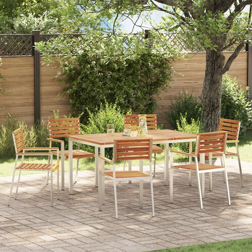 VidaXL 7-dijelni vrtni set za objedovanje od čvrstog bagremovog drva, vanjski stol za objedovanje 150x90x75 cm od čvrstog bagremovog drva, stackable vrtne stolice 2 kom čvrsto bagremovo drvo i čelik, stackable vrtne stolice 4 kom čvrsto bagremovo drvo i čelik Slike