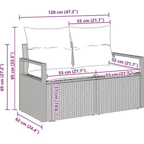 vidaXL 6 dijelni vrtni sofa set s jastučićima siva Poli ratan akacija, 2-sjedna vrtna sofa s jastučićima siva Poli ratan Cene