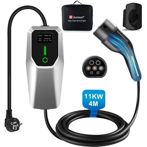 JUNSUN Type 2 EV electric car charging cable - 11kW, adjustable current, LCD display, 4 m portable charger with Schuko 6-16A plug IP67, (22148586) Cene