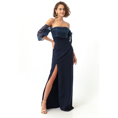 Lafaba Women's Navy Blue Princess Sleeve Organza Long Evening Dress Slike