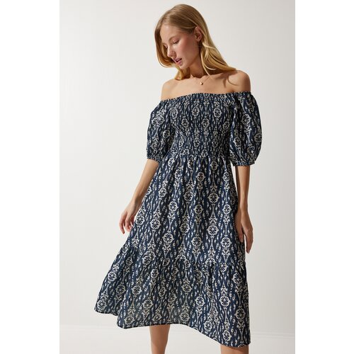  Women's Navy Blue Cream Patterned Summer Woven Dress Cene