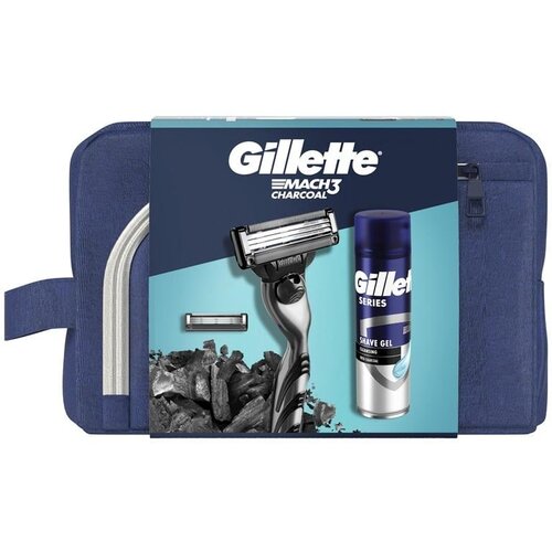 Gillette Mach3 Charcoal set: brivnik 1 kos + gel za britje Series Cleansing 200 ml + nadomestni nastavek 1 kos + kozmetična torbica za moške Cene
