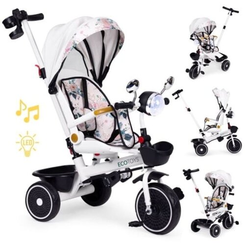 ECO TOYS Tricikl Za Decu Sa Rotirajućim Sedištem, Gurajućim Rukohvatom I Tendom White Cene