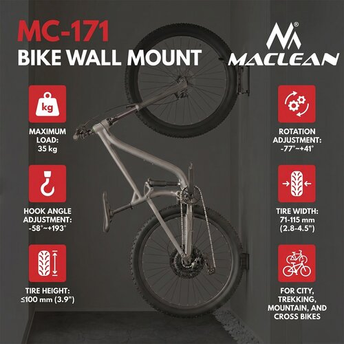 Maclean Wall-Mounted Bike Rack /Hanger, max. load 35 kg, adjustable tilt angle, steel, MC-171 Cijene