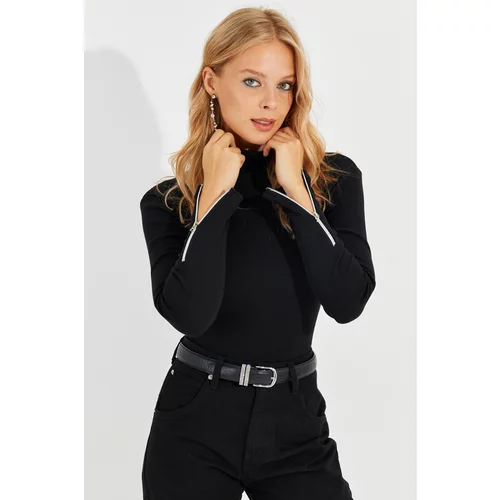 Cool & Sexy Women's Black Zippered Sleeve Camisole Turtleneck Blouse
