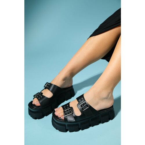 LuviShoes OBER Black Skin Double Strap Women's Thick Soled Slippers Cene