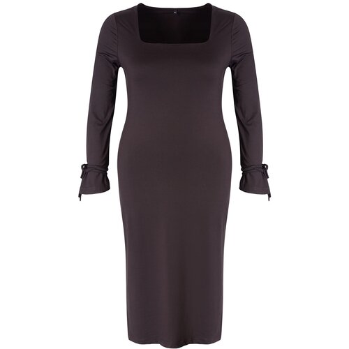Trendyol Curve Black Premium Square Neck Slit Knitted Plus Size Dress Cene
