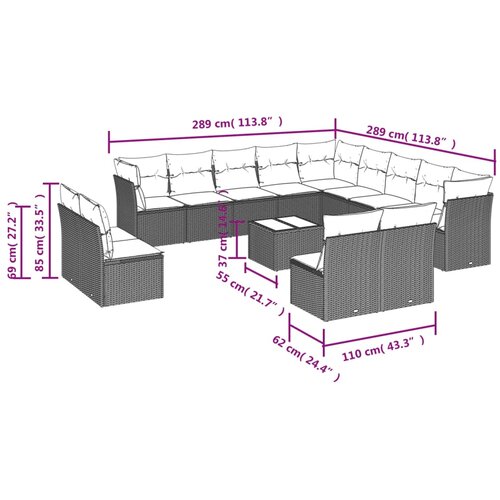  14-dijelni set vrtnih sofa s jastucima poliratan crni Slike