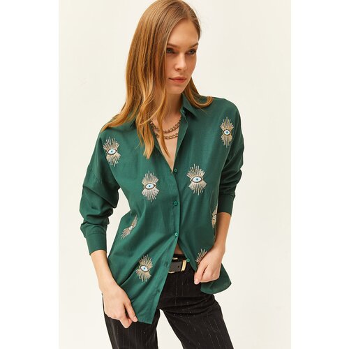 Olalook Women's Emerald Green Sequin Detailed Woven Boyfriend Shirt Slike