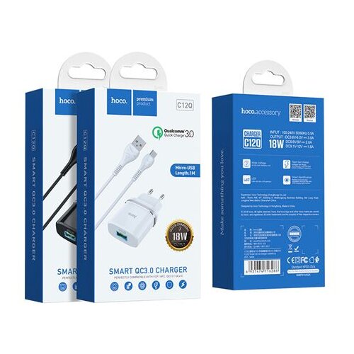 Hoco. pametni hi&amp;scaron;ni polnilec C12Q 3A z 3.0 QC USB vtičem in s polnilnim kablom MicroUSB - bel Slike