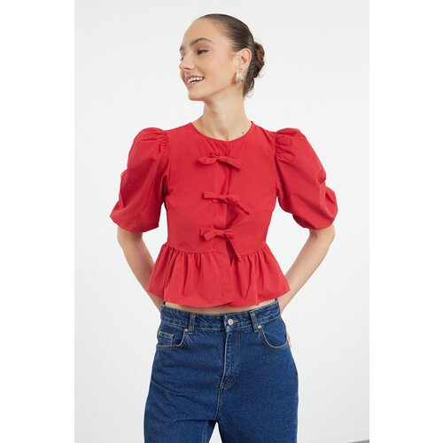 Trendyol Red Balloon Sleeve Woven Shirt with Tie Detail Slike