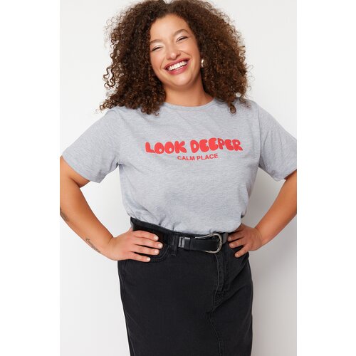 Trendyol Curve Gray Melange Motto Printed Boyfriend Knitted T-shirt Slike