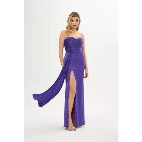 Carmen Purple Decollete Slit Satin Evening Dress