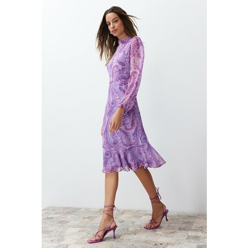 Trendyol Lilac Shawl Patterned Chiffon Lined Flounce Midi Woven Dress Slike